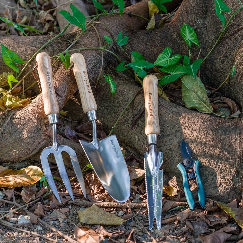 Garden Tool Set 4 PCS Stainless Steel Gardening Tool Kit (Hand Trowel, Hand Fork, Hand Weeder, Pruning Shears)
