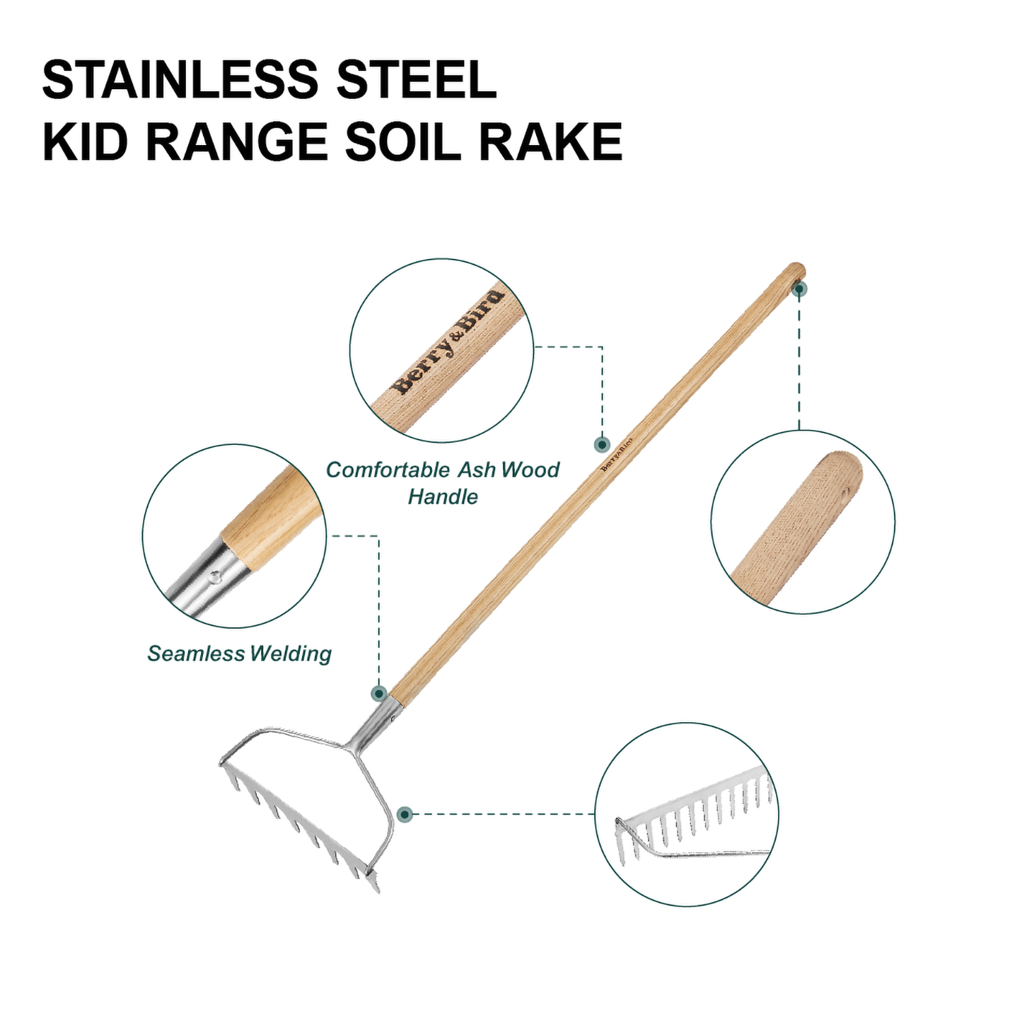 Garden Tools 8-Tine Kid Range Soil Rake 33 Inch with Wooden Handle Soil Rake Stainless Steel Hard Rake