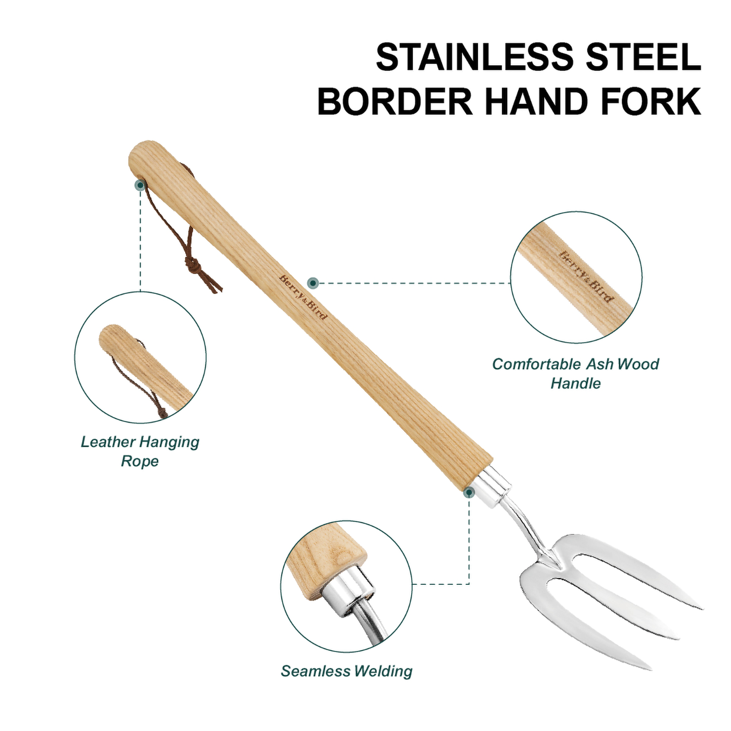 Garden Tools Border Hand Fork with Wood Handle Stainless Steel Hand Weed Fork