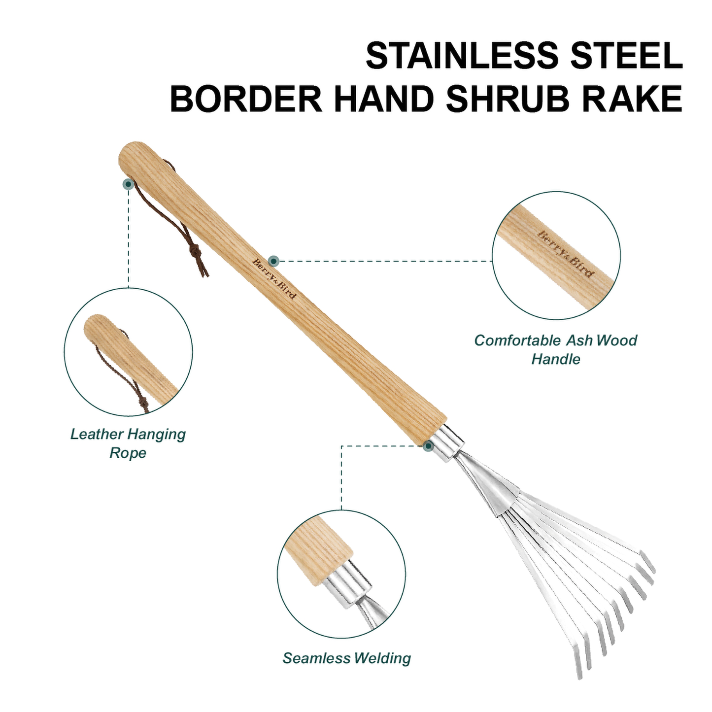 Garden Tools Border Hand Shrub Rake Stainless Steel Grass Rake 9 Tines Fan Lawn Leaf with Wooden Handle