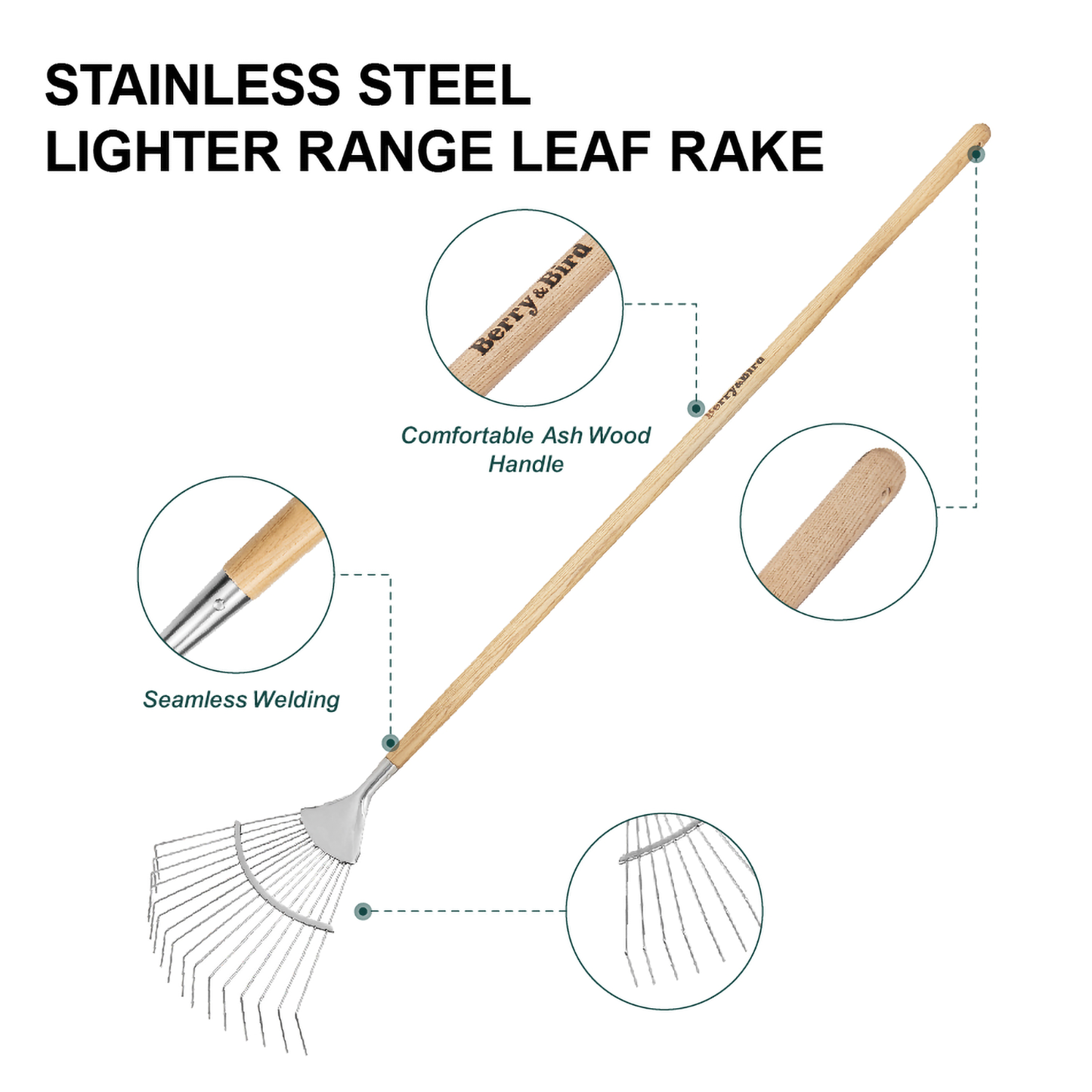 Garden Tools Lady Long Handle Leaf Rake Stainless Steel Shrub Rake 16 Tines Fan Garden Rake with Wooden Handle