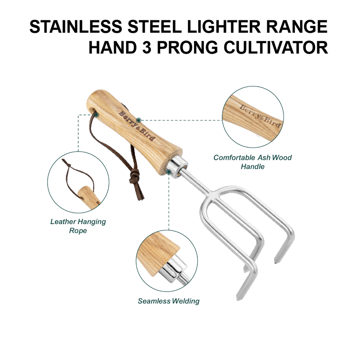 Garden Tools Lighter Hand Cultivator with Wooden Handle Stainless Steel Handheld Triple Claw Hand Rake
