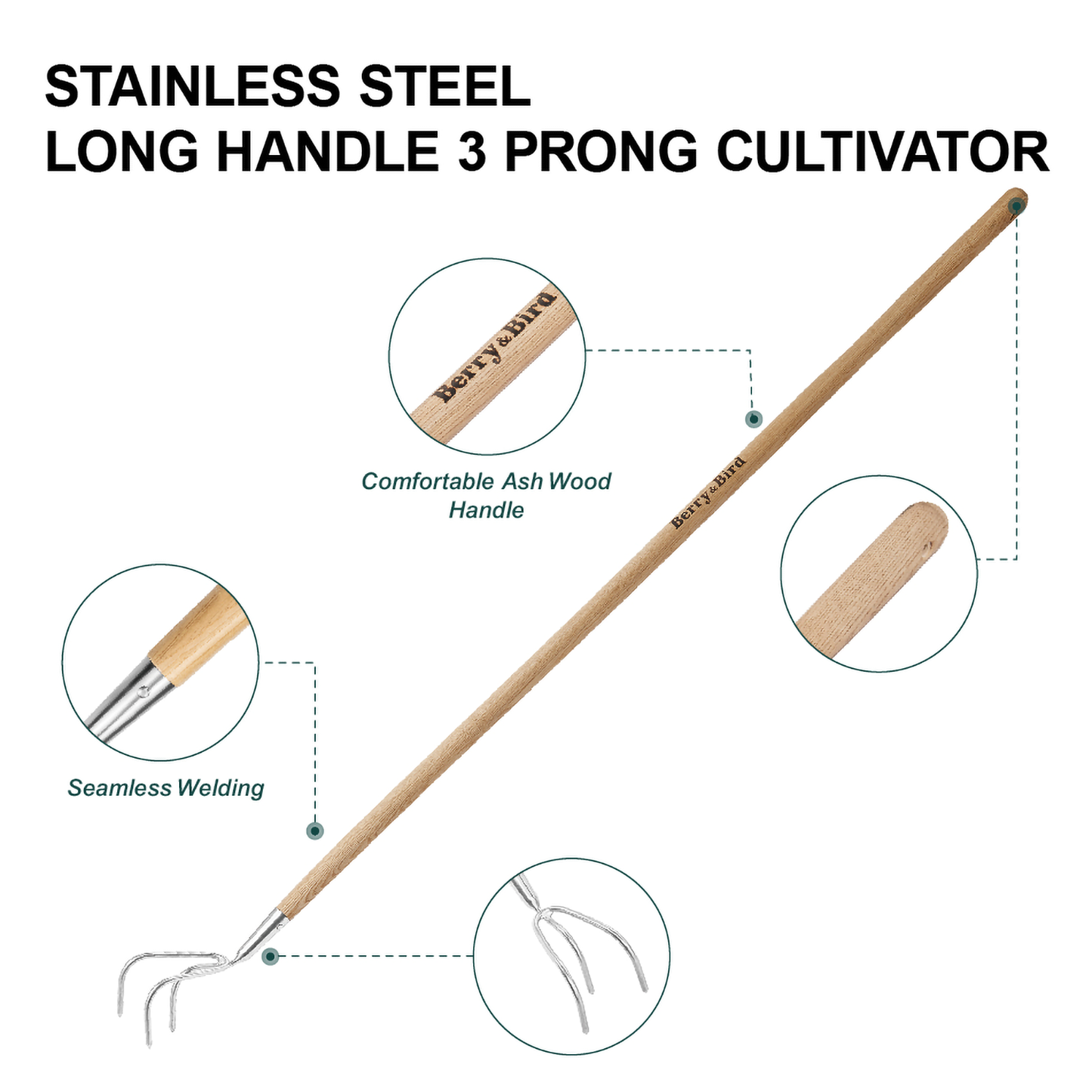 Garden Tools Long Handle Cultivator Garden Hand 3 Prong Cultivator with Ash Wooden Handle