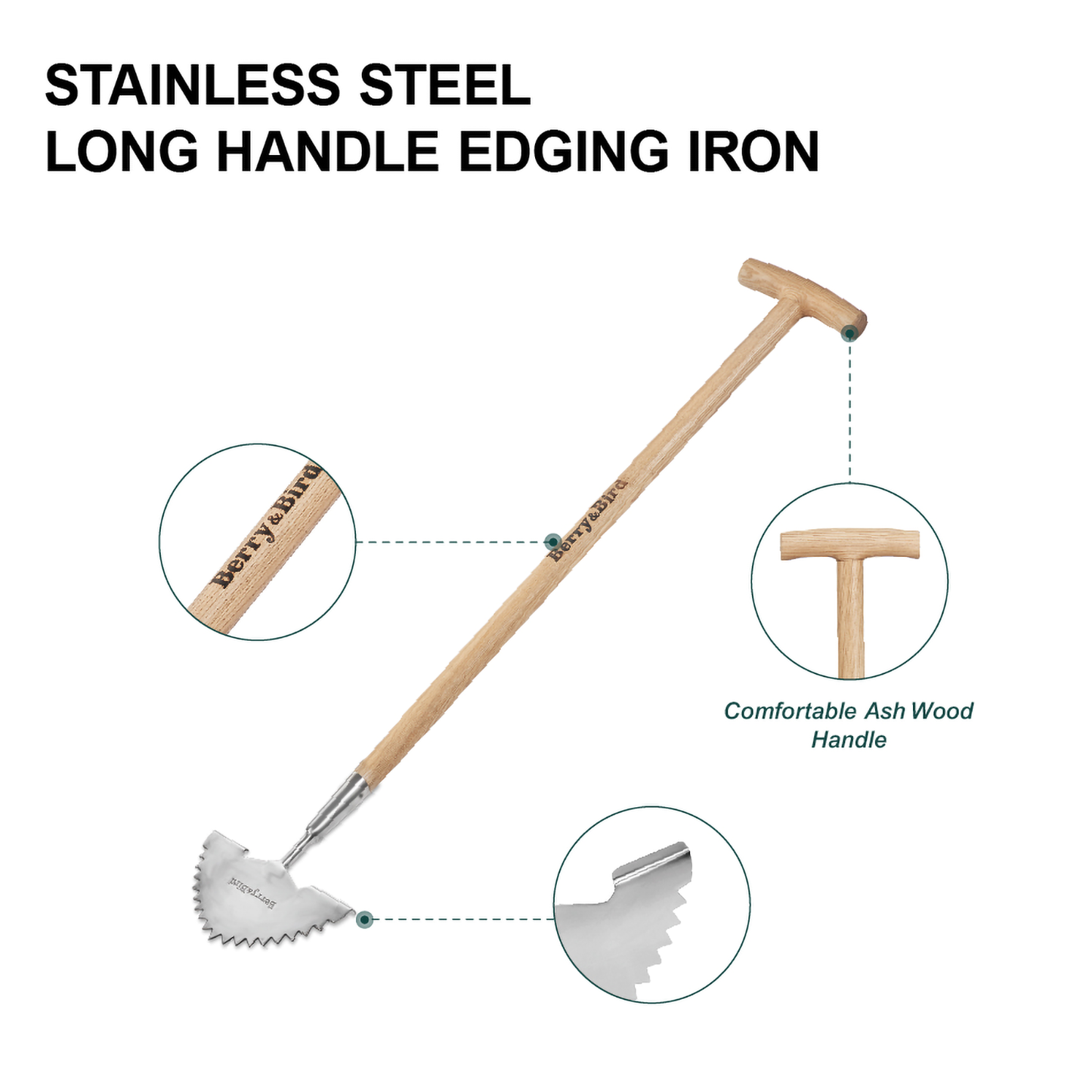 Garden Tools Long Handle Edging Iron with T-Handle Wooden Handled Stainless Steel Saw-Tooth Border Edger