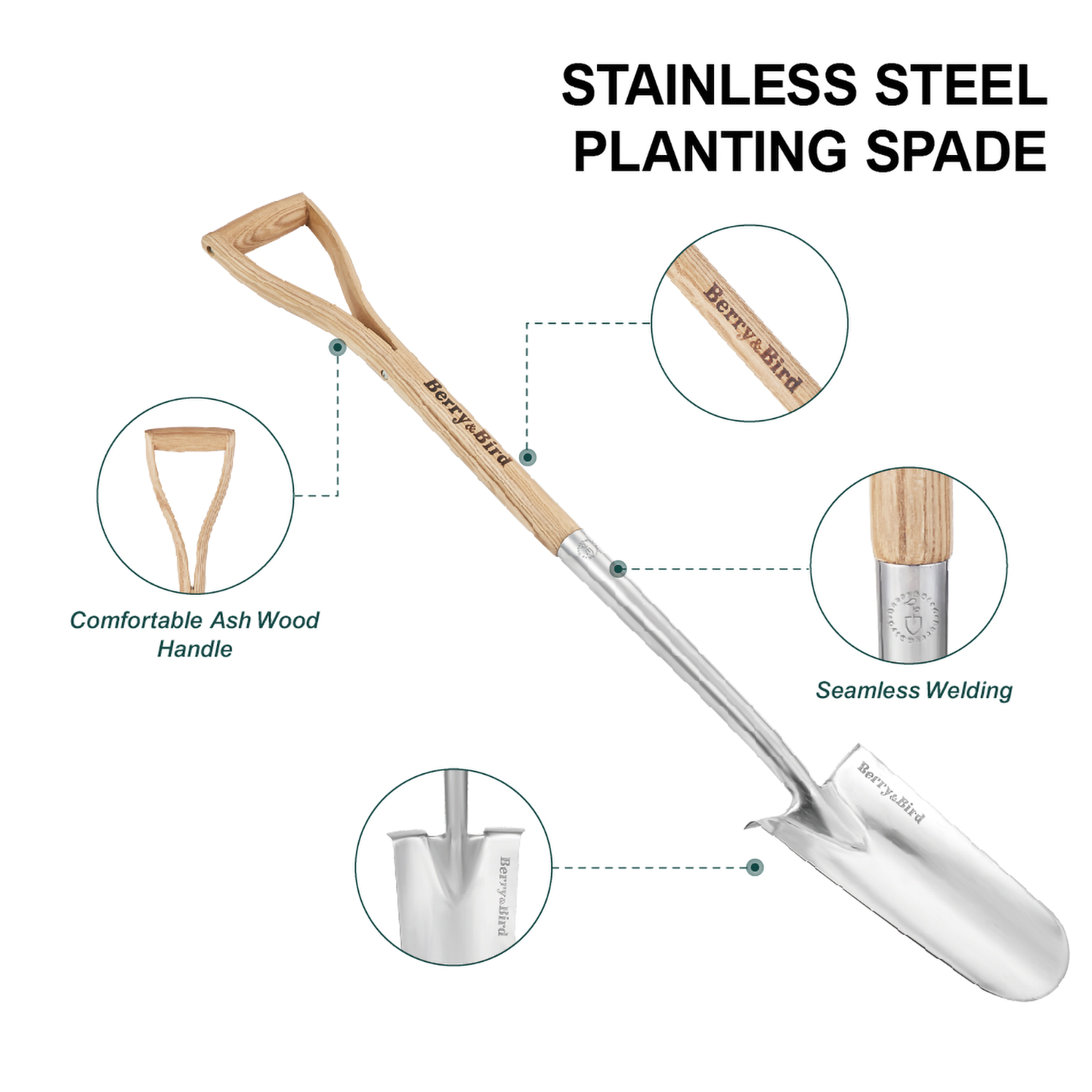 Garden Tools Planting Spade Stainless Steel Drain Spade Shovel with Wooden D-Grip Handle
