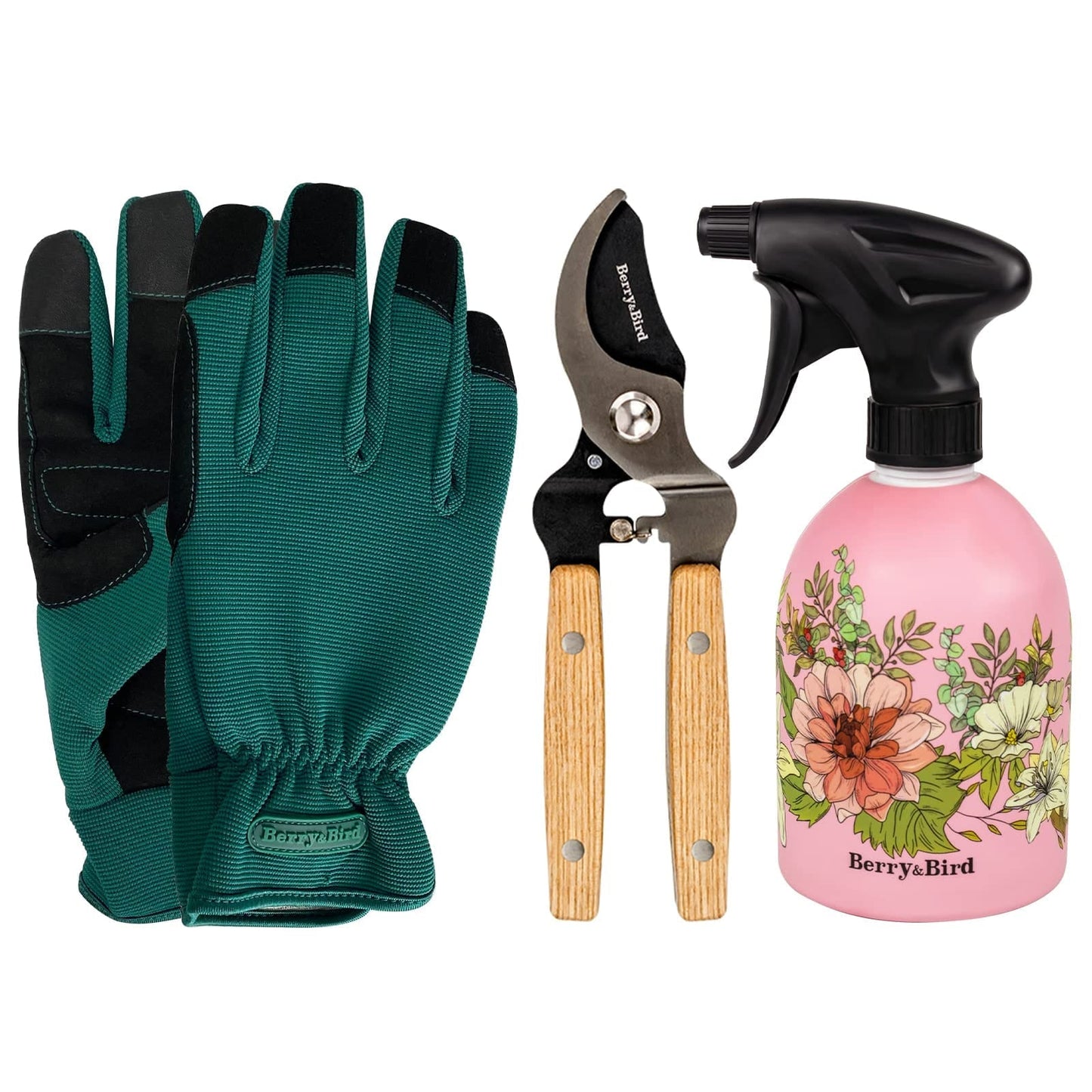 Garden Tool Set 3 PCS Gardening Tool Kit (Thorn Proof Gloves, Pruning Shears, Pink Spray Bottle)