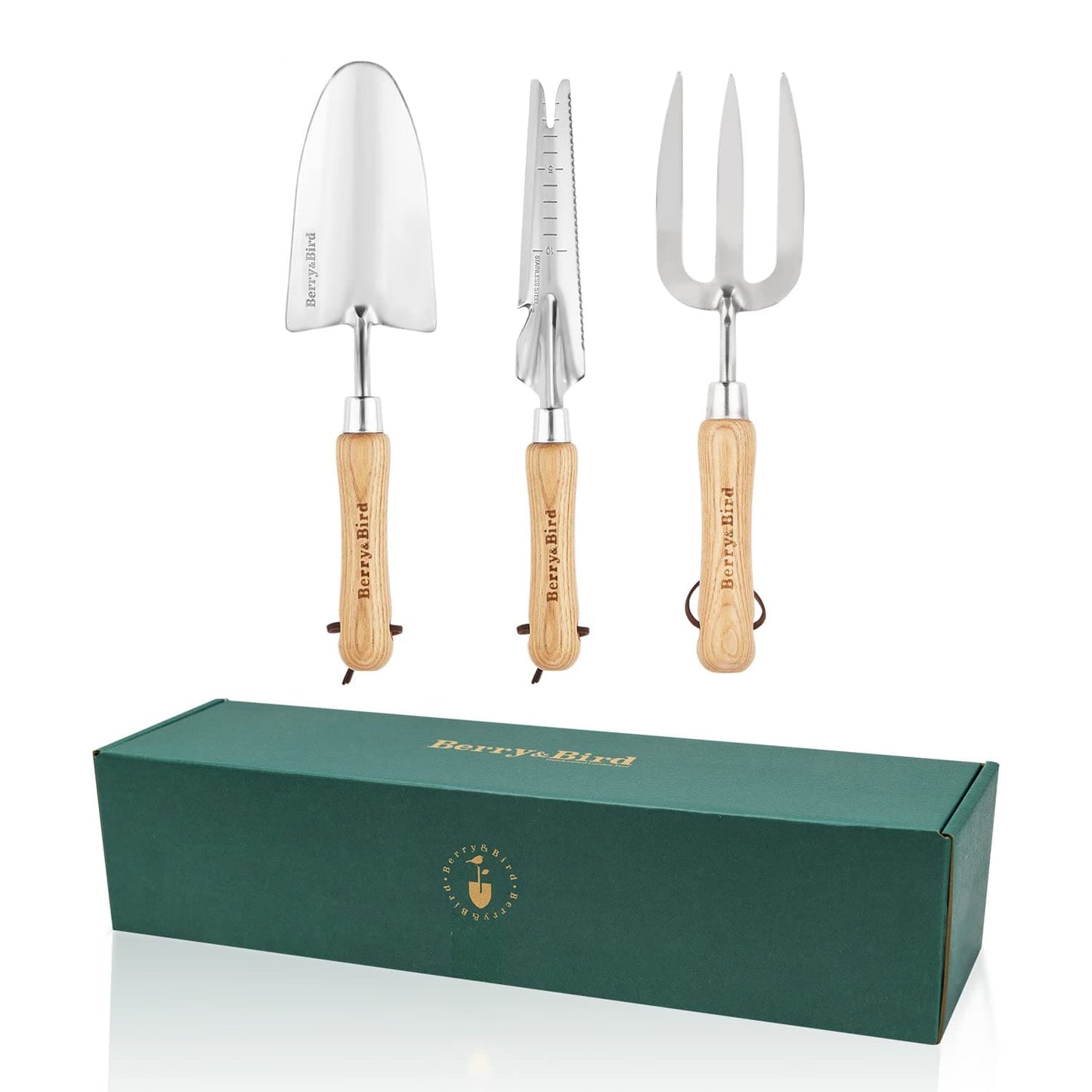 Garden Tool Set 3 PCS Stainless Steel Gardening Tool Kit (Wooden Handle Trowel, Hand Fork, Weeder)