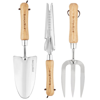 Garden Tool Set 3 PCS Stainless Steel Gardening Tool Kit (Wooden Handle Trowel, Hand Fork, Weeder)