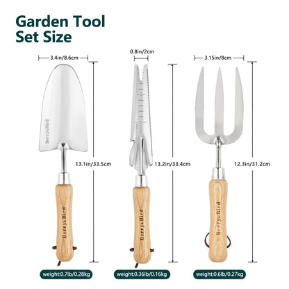 Garden Tool Set 3 PCS Stainless Steel Gardening Tool Kit (Wooden Handle Trowel, Hand Fork, Weeder)