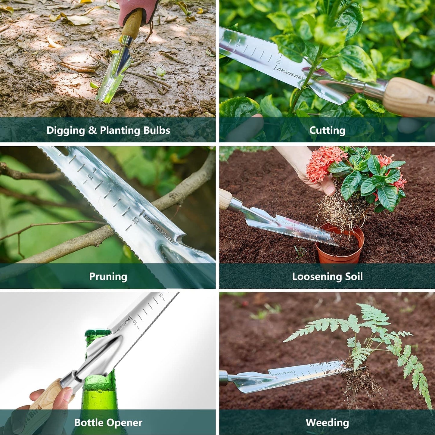 Garden Tool Set 3 PCS Stainless Steel Gardening Tool Kit (Wooden Handle Trowel, Hand Fork, Weeder)