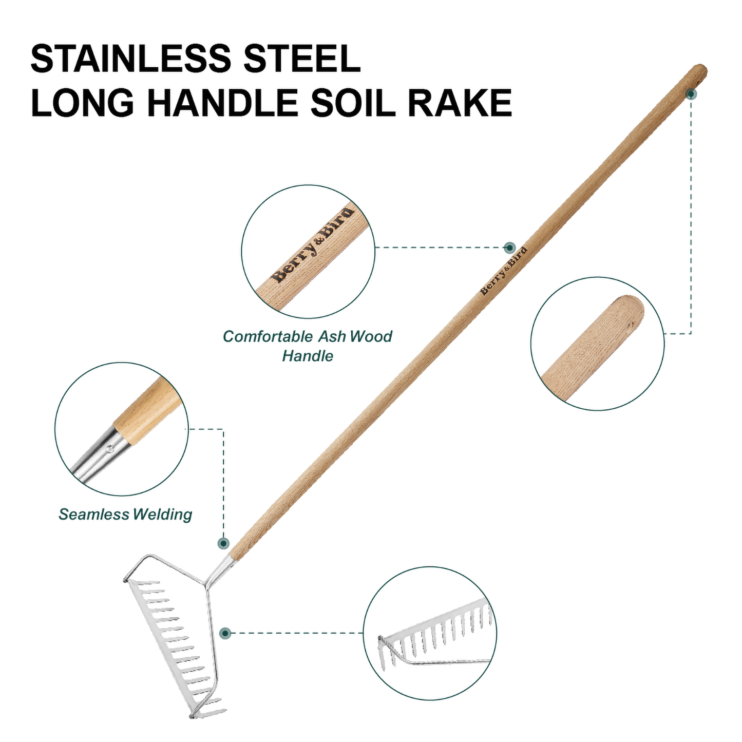 Garden Tools 14 Tines Bow Rake with Wooden Long Handle Soil Rake Stainless Steel Hard Rake