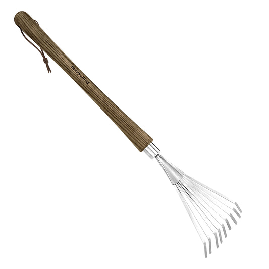 Garden Tools Border Hand Shrub Rake Stainless Steel Grass Rake 9 Tines Fan Lawn Leaf with Wooden Handle