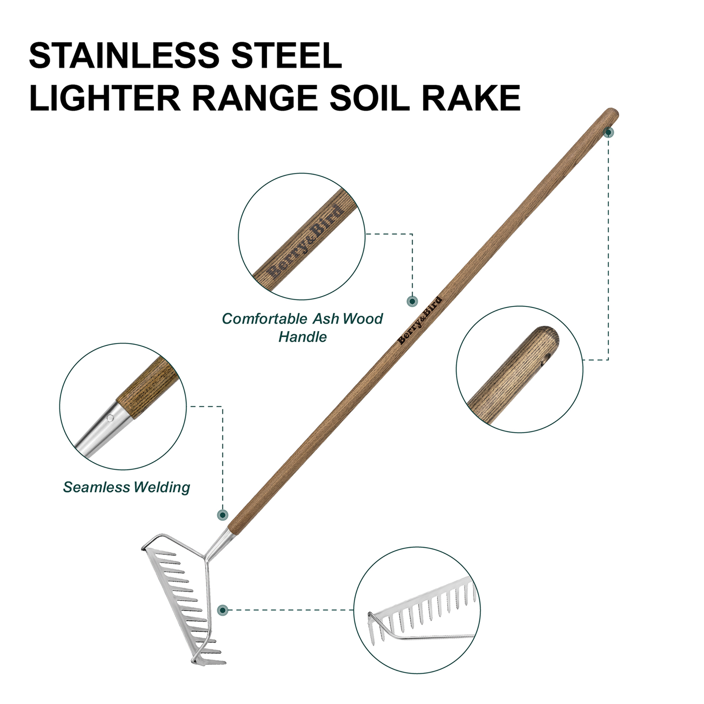 Garden Tools Lady 12 Tines Bow Rake with Wooden Long Handle Soil Rake Stainless Steel Hard Rake