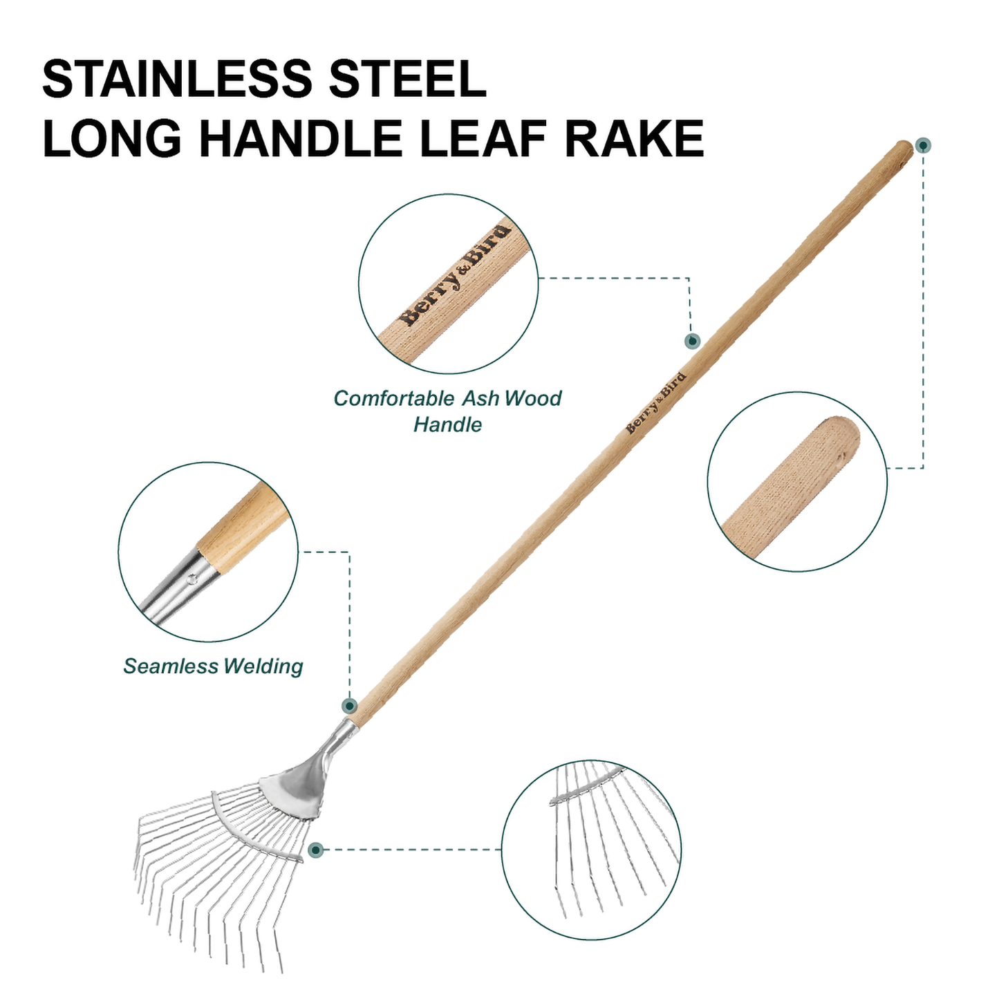 Garden Tools Long Handle Leaf Rake Stainless Steel Shrub Rake 16 Tines Fan Garden Rake with Wooden Handle