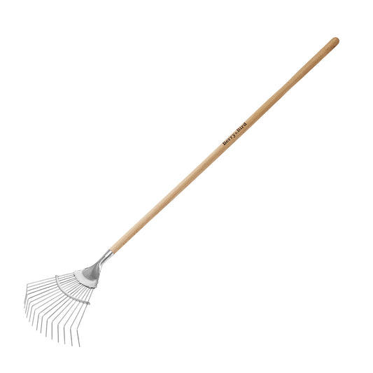 Garden Tools Long Handle Leaf Rake Stainless Steel Shrub Rake 16 Tines Fan Garden Rake with Wooden Handle