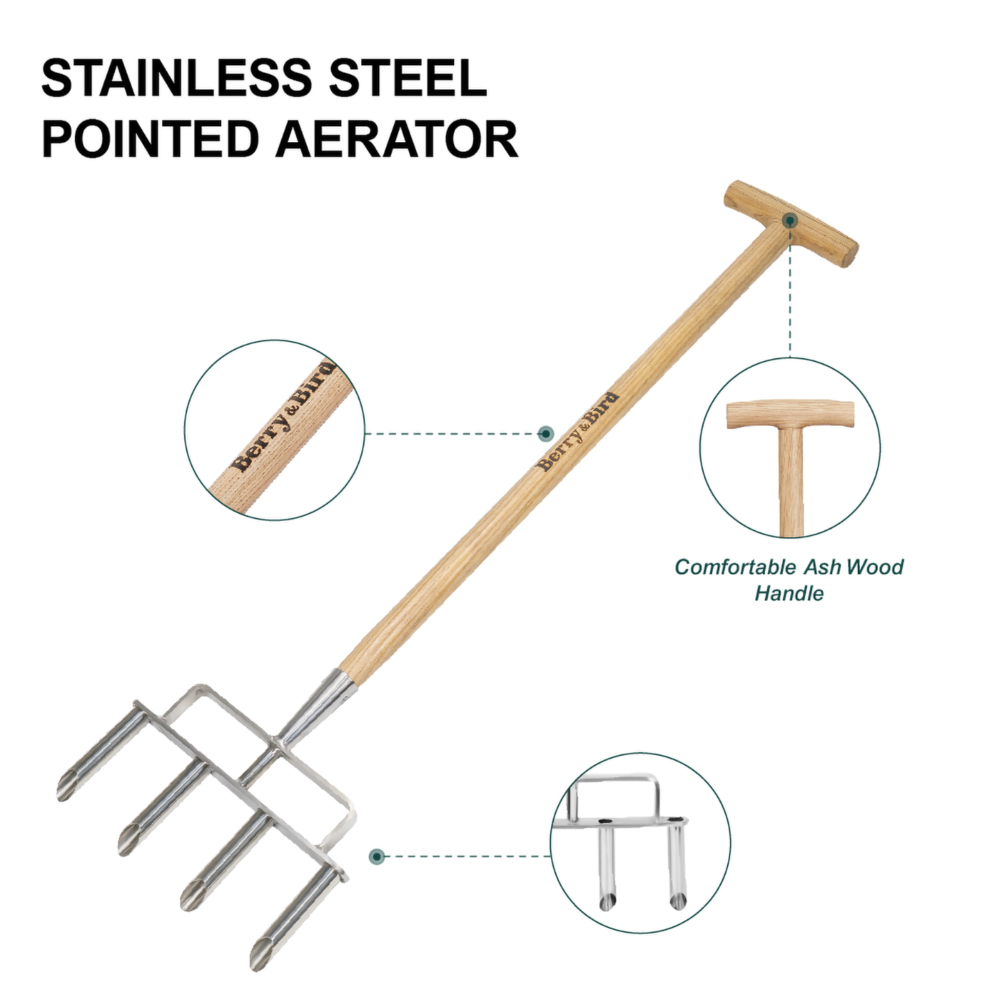 Garden Tools Stainless Steel Lawn Coring Aerator Tool 4 Core Spike Tines Plug with Wooden Handle