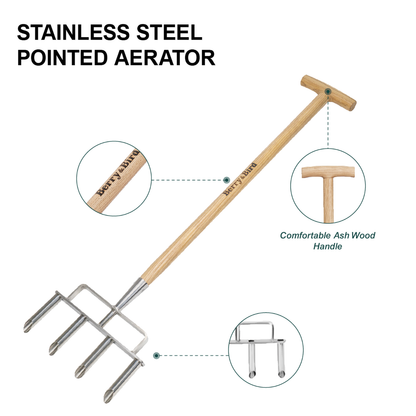 Garden Tools Stainless Steel Lawn Coring Aerator Tool 4 Core Spike Tines Plug with Wooden Handle
