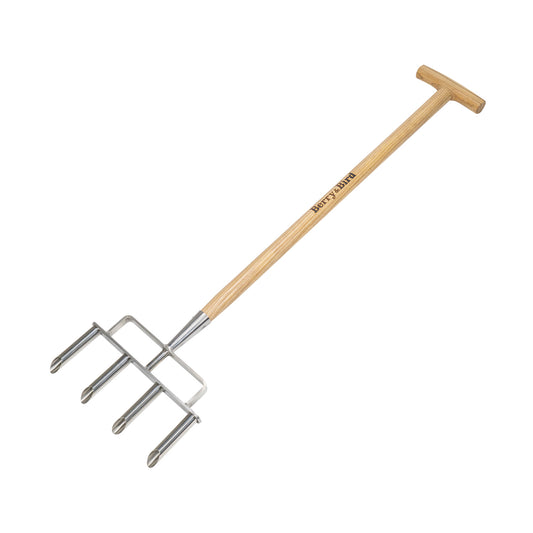 Garden Tools Stainless Steel Lawn Coring Aerator Tool 4 Core Spike Tines Plug with Wooden Handle