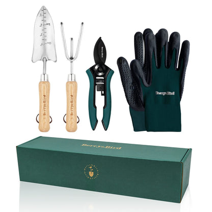 Garden Tool Set 4 PCS Stainless Steel Gardening Tool Kit (Wooden Handle Trowel & Rake, Garden Shears, Gloves)
