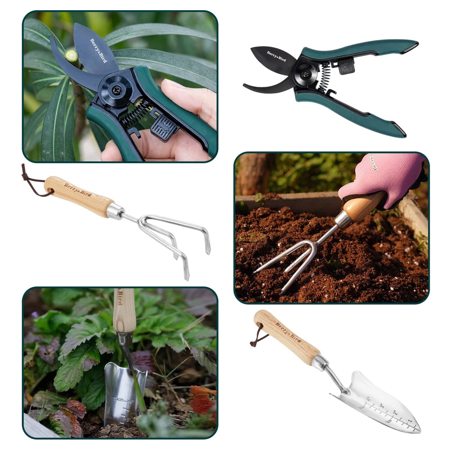 Garden Tool Set 4 PCS Stainless Steel Gardening Tool Kit (Wooden Handle Trowel & Rake, Garden Shears, Gloves)